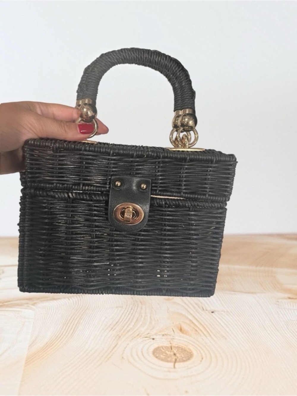Woven Top-Handle Tote Bag in Black with Gold Hardware